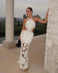 Sexy Hollow-out Crochet Dress Women Fashion Solid Sleeveless Backless Halter Maxi Dresses 2026 Summer Lady Vacation Lace Robe
