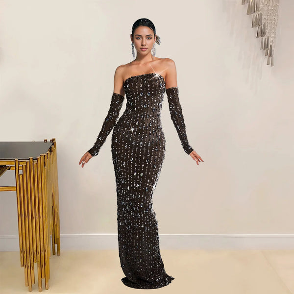 Beautiful Rhinestone Sheer Mesh Maxi Dress With Gloves Glam See-Through Diamonds Long One-Piece Dress Birthday Outfits