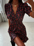 Elegant Flora Painted Ruffle Mini Dress Women Sexy Full Sleeve Deep V-neck Slim Short Robe 2026 Summer New Lady Party Club Wears