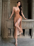 High Splits Tassels Maxi Dress Women Sexy Patchwork v-Neck Backless Sexy Zipper Elegant Banquet Skinny Party Vestidos