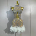 Luxury Nightclub Performance Dance Costume Nightclub Singer Stage Wear Women Sexy Shiny Crystal Feathers Hollow Out Mini Dress
