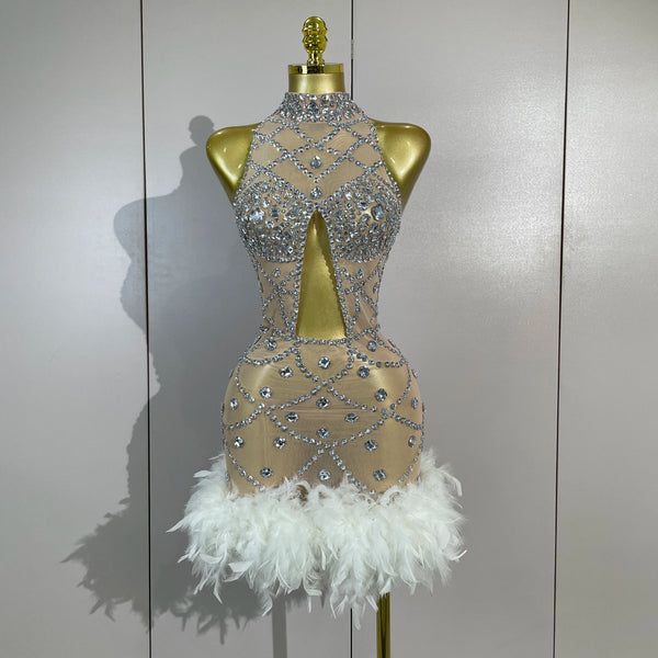 Luxury Nightclub Performance Dance Costume Nightclub Singer Stage Wear Women Sexy Shiny Crystal Feathers Hollow Out Mini Dress