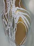 Women Luxury White Pearl Sequines Mesh Transparent Long Dress Club Elegant Evening Party Dress Birthday Photoshoot Clothing