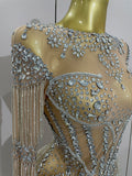 Full Sparkly Rhinestone Chain Sexy Mesh See Through Bodysuit Women Luxury Birthday Party Performance Dance Nightclub Stage Wear
