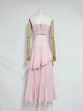 Elegant Pink Two Piece Set for Women Lace Trim Tube Top Asymmetrical Tiered Ruffles Midi Skirt Outfits for Beach Getaways