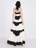 Elegant Colorblock Patchwork Bow Dresses For Women Strapless Sleeveless High Waist Formal Long Dress Female Wedding Gowns