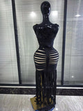 Black Color Women Sleeveless Sexy Square Collar Bodycon Fringes Bandage Long Dress Elegant Evening Party Celebrate Outfit