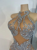 Women's Sparkly Birthday Mini Dress Crystals Diamonds Mesh Evening Party Gowns Performance Costume Stage Outfit Club Vestidos