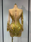 Women Sexy Long Sleeve Gold Rhinestone Dress Luxury Birthday Party Costume Bar Nightclub Celebrity Stage Performance Outfit