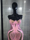 Luxury Pink Sparkly Squined Mermaid Dress Strapless Mesh See Transparent Birthday Party Outfit Celebrate Show Designer Vestidos