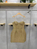 Tweed Mini Dress for Women Chain Spaghetti Strap Sweetheart Neck Pleated A Line Short Dress for Cocktail Party Homecoming