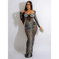 Open Back Glitter Sheer Mesh Party Maxi Dress for Women Fashion Full Sleeve Bodycon Sexy Club Long Evening Dress Vestidos
