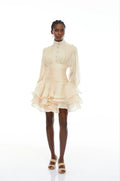 Cream Victorian-inspired Short Dress Women Chic Puff Sleeve Ruched Tiered Waist Cinching Party Dresses 2026 Lady Trendy Vestidos