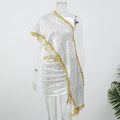 Silver Sequin Two Piece Outfit One Shoulder Coin Trim Cape Top High Waist Skirt 2026 Summer New Beach Party Nightclub Dating Set
