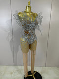 Sexy 3D Butterfly Strapless Mesh See Through Jumpsuit Sparkly Silver Diamond Eveing Party Birthday Bar Nightclub Stage Costumes