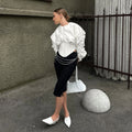 Vintage Patchwork Fish Bone Tunic Blouse for Women O Neck Puff Sleeve Spliced Zipper High End Shirts Female Autumn