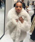 Fashion Women Solid Lapel Faux Fur Coat Long Sleeve Fluffy Loose Short Cardigan Jacket Winter Lady Thicken Warm Outwear