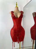 Luxury Rhinestones Mesh Short Dress Women Sexy Transparent Performance Stage Costume Black V Neck Nightclub Birthday Clothes