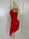 Women Sexy Strapless Backless Red Lace Split Mni Bodycon Dress With Gloves Celebrity Elegant Evening Club Birthday Party Outfit