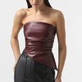 PU Leather Sexy Tube Top Pleated Waist Vest Women's Spring Fashion Solid High Street Zipper Irregular T Shirt Sleeveless