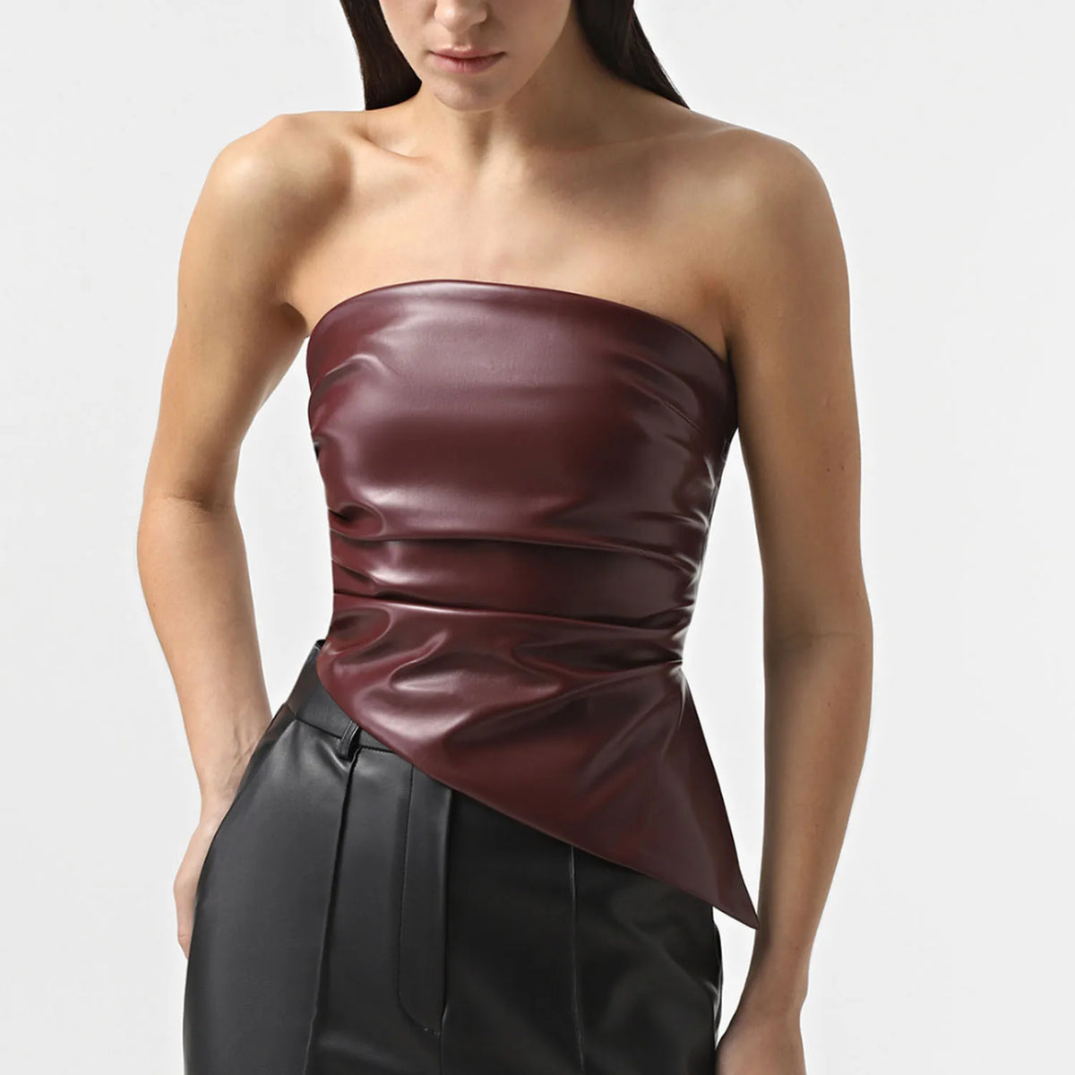 PU Leather Sexy Tube Top Pleated Waist Vest Women's Spring Fashion Solid High Street Zipper Irregular T Shirt Sleeveless