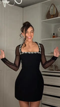 Sexy Square Neck Hot Stamping Mini Dress Elegant Full Sleeve With Perspective High Waist Slim Short Dresses Lady Party Robes