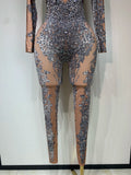 Sparkly Rhinestones Jumpsuit Fashion Sexy Stretch Dance Costume Nightclub Bodysuit Birthday Outfit Evening Party Leggings