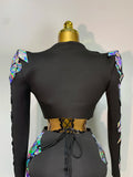 Women Long Sleeve Sequin Mini Bodycon Three Piece Set Birthday Evening Party Costume Bar Nightclub Performance Stage Outfit