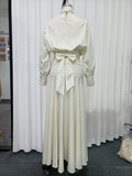 Elegant Chic Apricot Two Piece Set for Women Scarf Collar Puff Sleeve Blouse Midi Waist Flowy Skirt for Office Formal Events