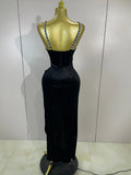 Sexy Photo Shoot Outfit Sparkly Diamonds Side Slit Black Velvet Bodycon Long Dress Women Evening Party Nightclub Stage Costumes