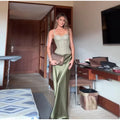 Elegant Green Skirt Set For Women Chic Fishbone Sleeveless Backless Lace Up Vest Satin Long Skirt Lady Evening Party Outfit