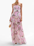 Women Summer Printing Patchwork Maxi Dress, Sleeveless Fashion Holiday Party Dress, 2024 Elegant Strapless Ladies Dress Vestidos