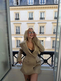 Women Shiny Khaki Blazer Mini Dress V Neck Double Breasted Long Sleeve Slim Waist Formal Cocktail Prom 2026 New Chic Hot Gowns