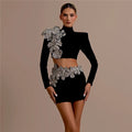 Women Long Sleeve Diamond Flowers 2 Pieces Bodycon Mini Bandage Dress Celebrate Nightclub Party Outfit Vestido