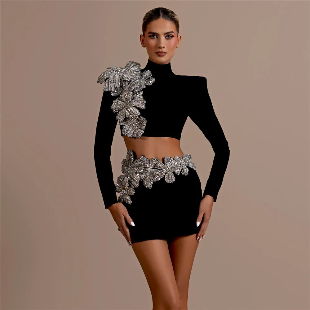 Women Long Sleeve Diamond Flowers 2 Pieces Bodycon Mini Bandage Dress Celebrate Nightclub Party Outfit Vestido