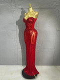 Women Red Strapless Mesh Mermaid Maxi Dress Vertical Red Rhinestone Long Gown Birthday Party Prom Singer Stage Evening Outfit