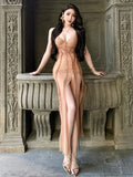 High Splits Tassels Maxi Dress Women Sexy Patchwork v-Neck Backless Sexy Zipper Elegant Banquet Skinny Party Vestidos