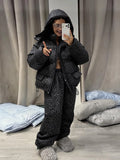Women Winter Two‑Piece  Leopard Print Hooded Puffer Jacket Outfit Loose Cuffed Jogger Pants Warm Casual Streetwear Matching Set