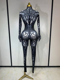 Women Sexy Black Rhinestone Stretch Bodycon Jumpsuit Club Evening Party Birthday Wear Singer Dancer Stage Perform Costume