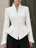 Elegant Folds Women Jackets Stand Collar Long Sleeve Single Breasted Fitted Jacket for Office Business Wear Fashion