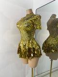 Sexy Women Short Sleeve Sparkly Sequins Stage Dress Luxury Evening Party Nightclub Performance Costume Stage Wear