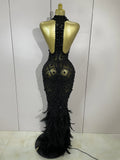 Luxury Sparkly Red Rhinestones Feather Sexy Mesh See Through Long Dress Women Birthday Evening Nightclub DJ Dancer Stage Costume