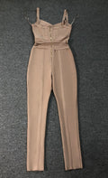 Khaki Ginger Women's V-neck Bodycon Sexy Sleeveless Rayon Bandage Jumpsuit Night Club Party Jumpsuits