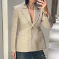 Women's Beige Tweed Blazer Jackets Fashion Lapel Long Sleeve Single Breasted Slim Coats Lady 2026 Spring Chic Office Outerwear