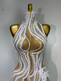 Women Luxury White Pearl Sequines Mesh Transparent Long Dress Club Elegant Evening Party Dress Birthday Photoshoot Clothing