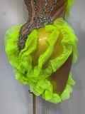 Women Sexy Sparkly Diamonds Strapless Mesh See Through Mini Dress Evening Party Birthday Nightclub Bar Stage Performance Costume