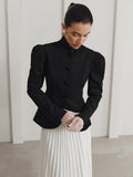 French Elegant Retro Black Blazer for Women Stand Collar Puff Sleeve Slimming Commuter Coats Female Winter Clothing