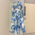 French Vacation Style Floral Print Dress for Women Tie Neck Waist Belt Asymmetrical Ruffle Hem Skirt for Outdoor Photoshoot