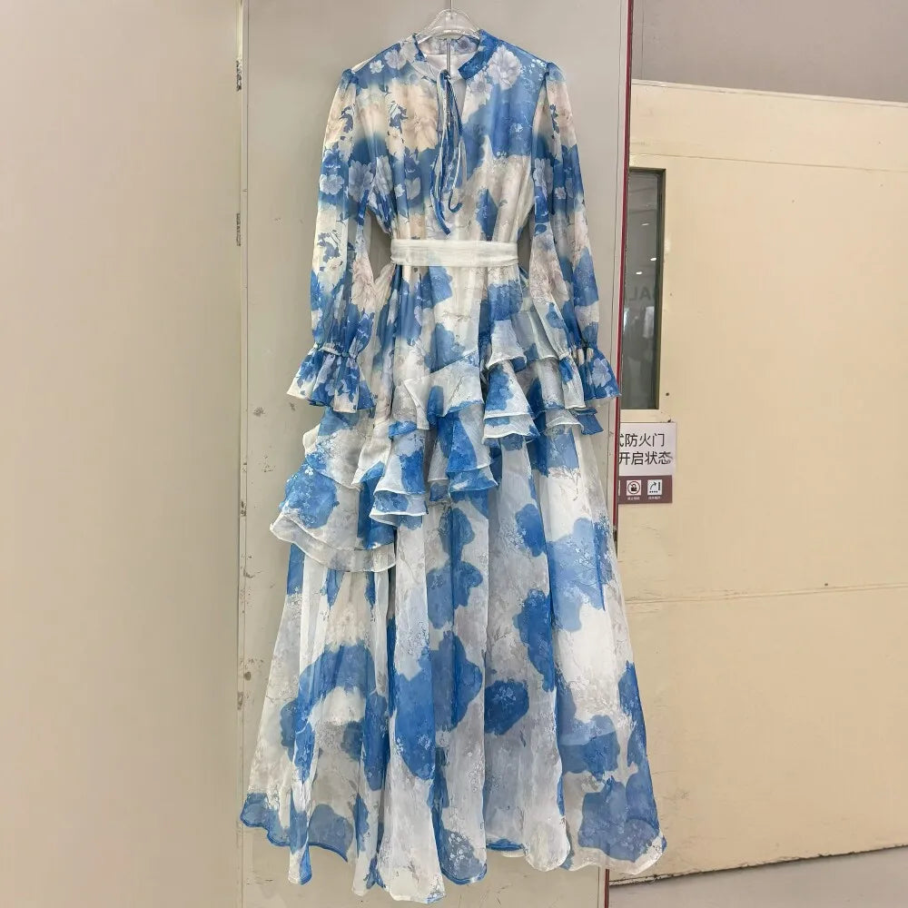 French Vacation Style Floral Print Dress for Women Tie Neck Waist Belt Asymmetrical Ruffle Hem Skirt for Outdoor Photoshoot