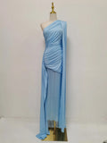 Luxurious Blue Diagonal Collar Sheer Mesh Maxi Dress for Women Off One Shoulder Cape Sleeves Ruched Waist for Dinner Party